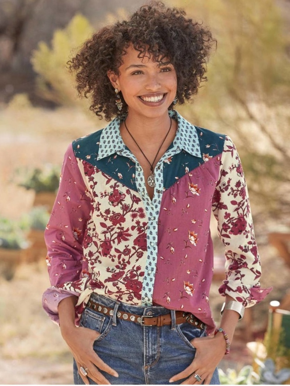 Sundance Abigale Patchwork Pearl Snap Floral Shirt Size Large